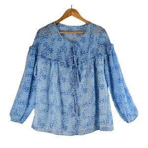 Boho Peasant Tunic Top Ruffeled Yoke Full Sleeves Sz L Blue Floral Granny Core